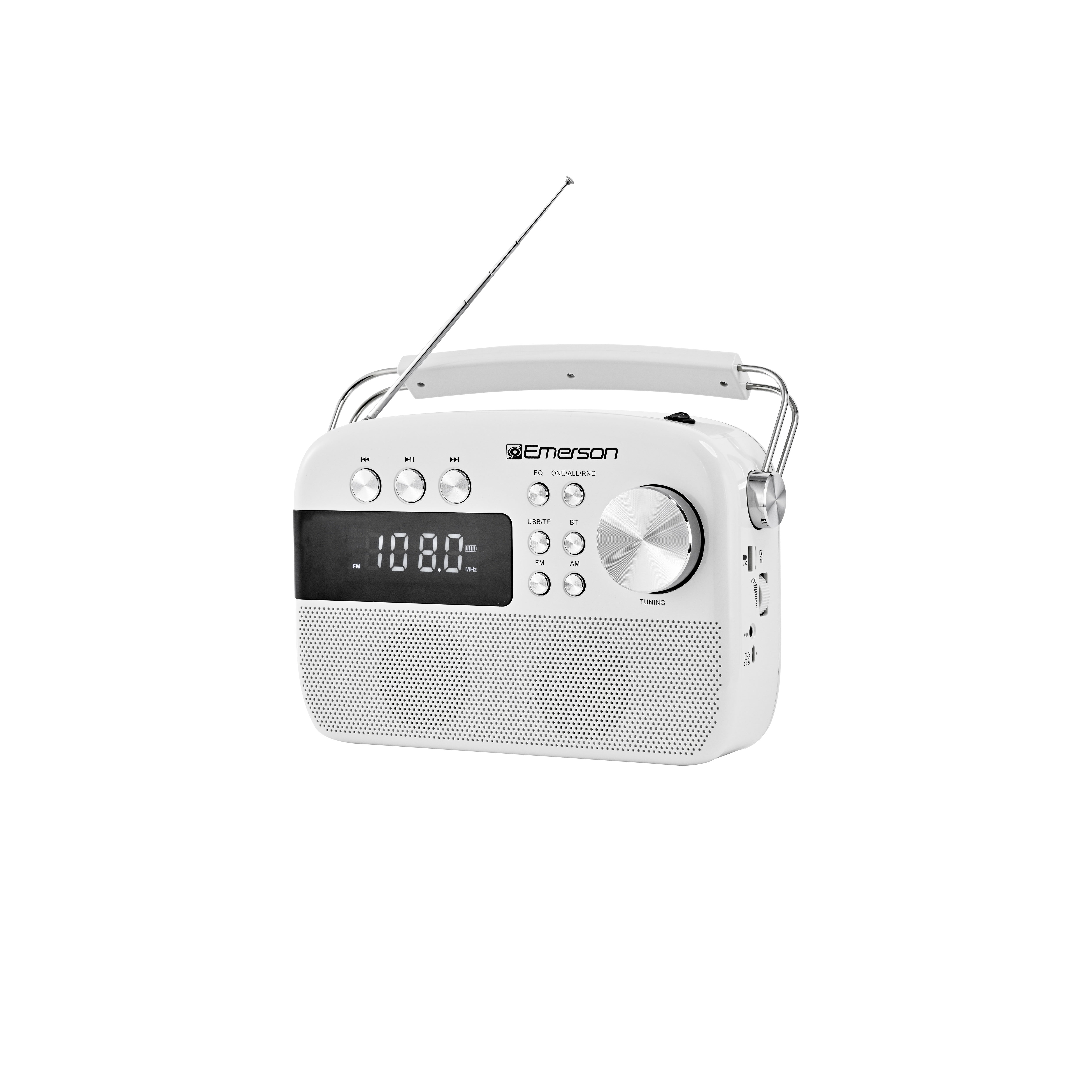 White portable radio with antenna extended, angled front view