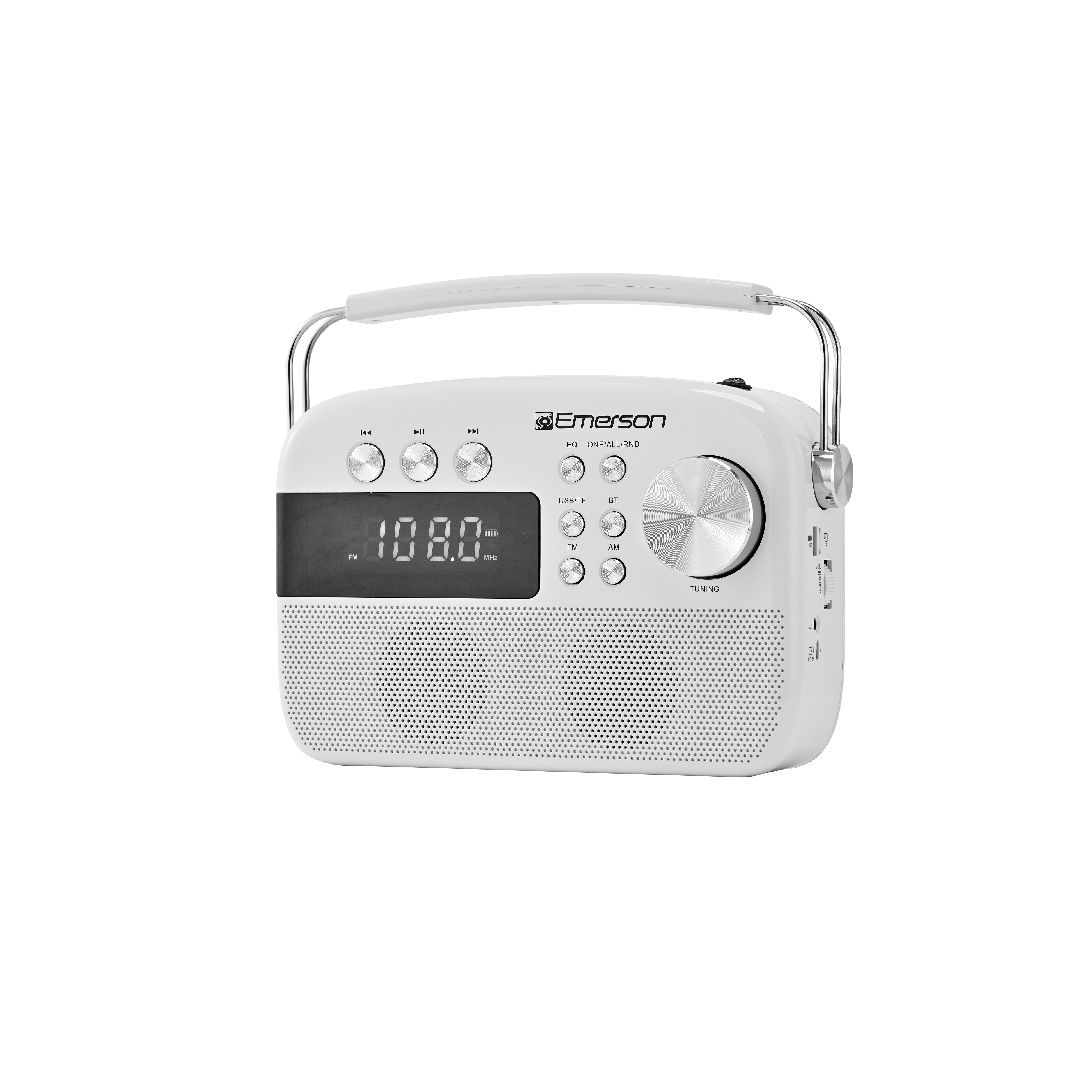 White portable Bluetooth radio angled to show speaker grille and side panel