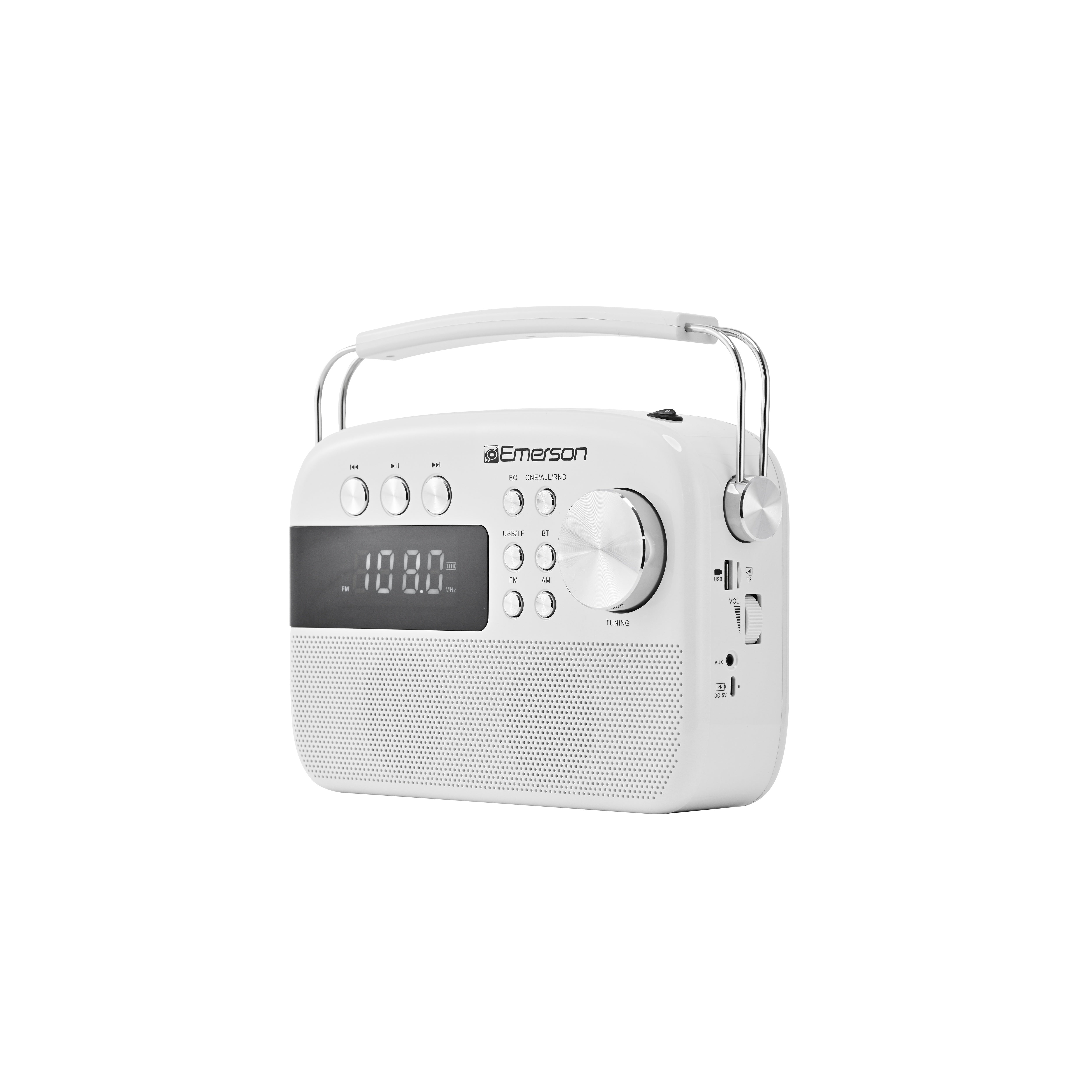 White retro radio, front-left angle highlighting tuning knobs and LCD