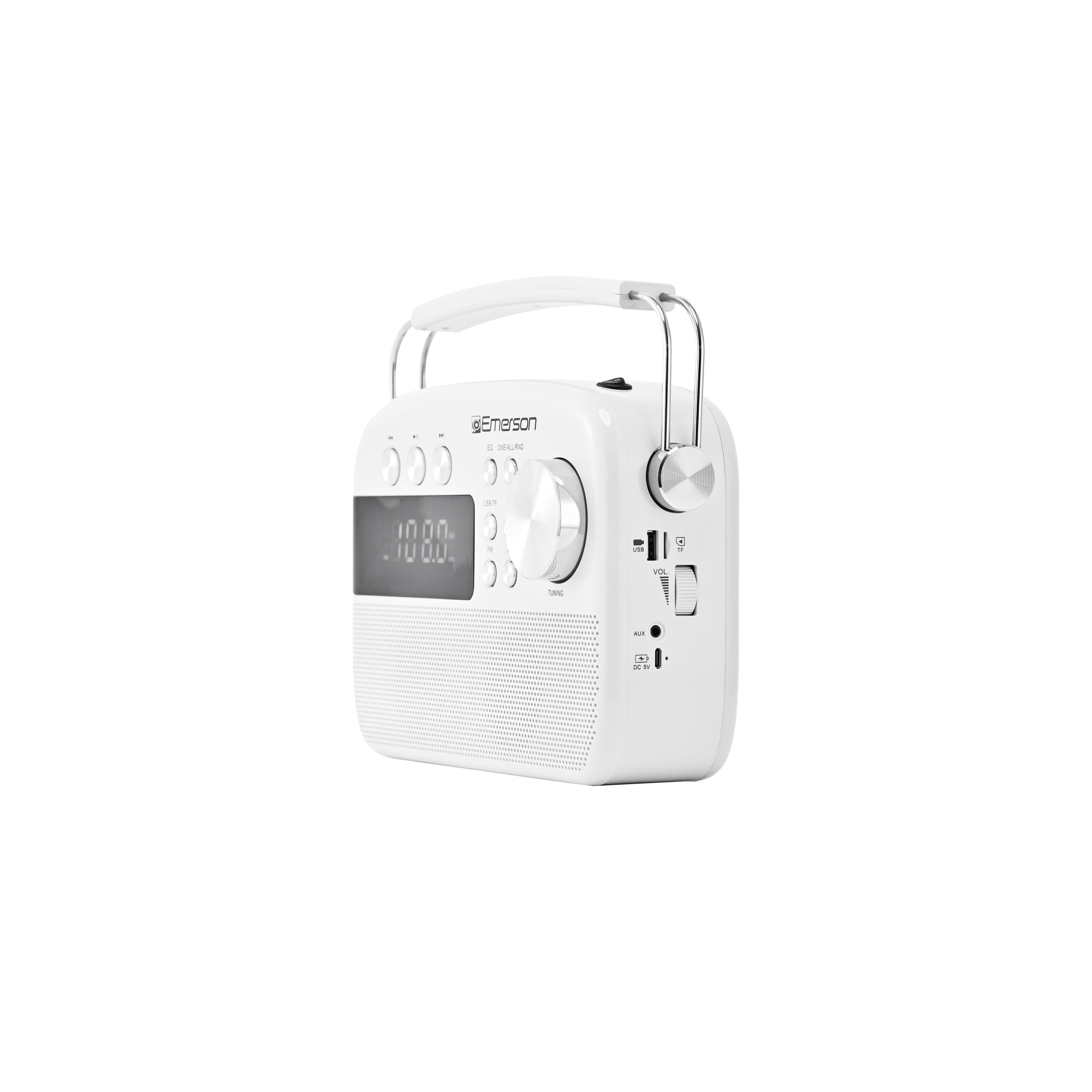White portable radio shown from a low front-right angle