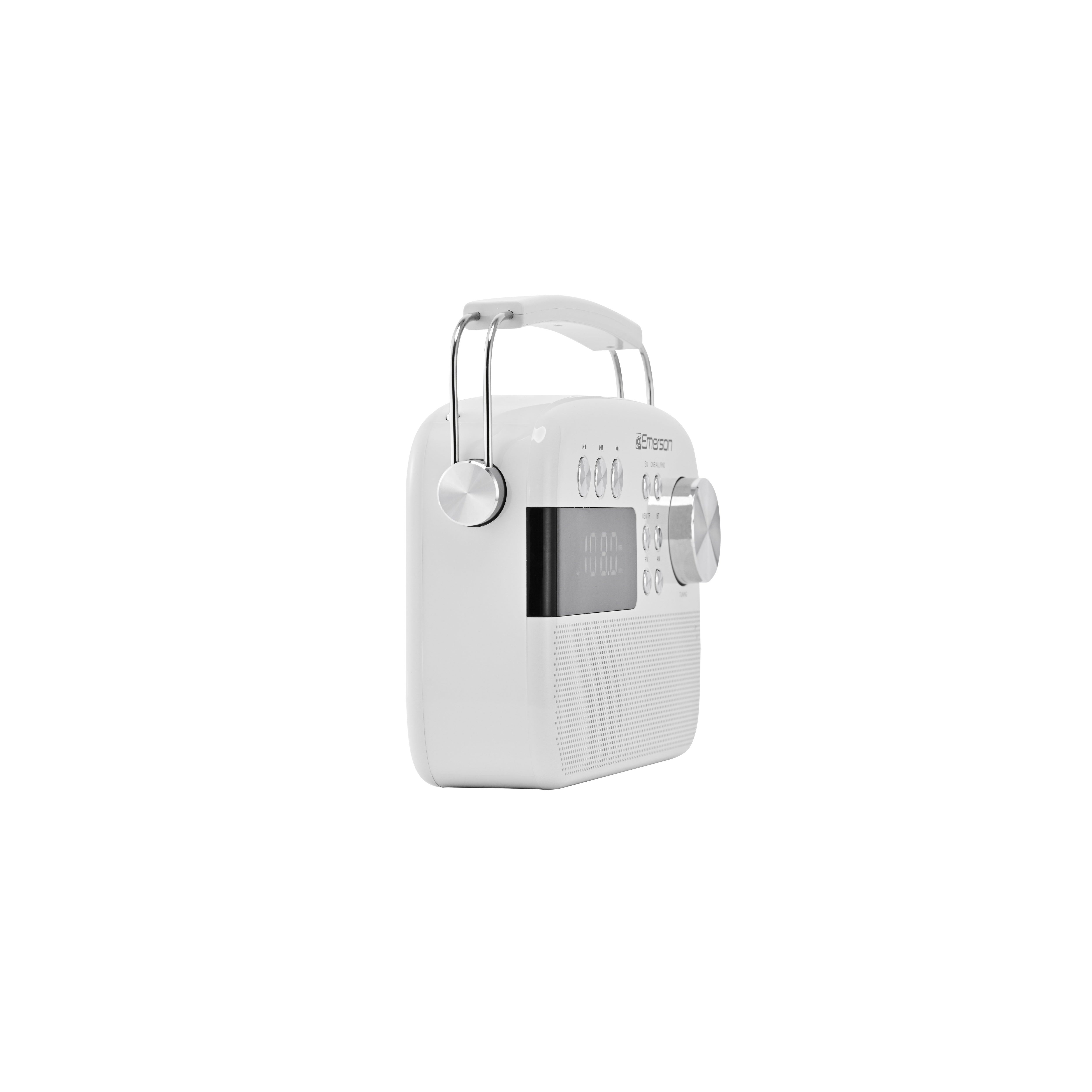 White Emerson portable radio with antenna fully extended, sharp angle view