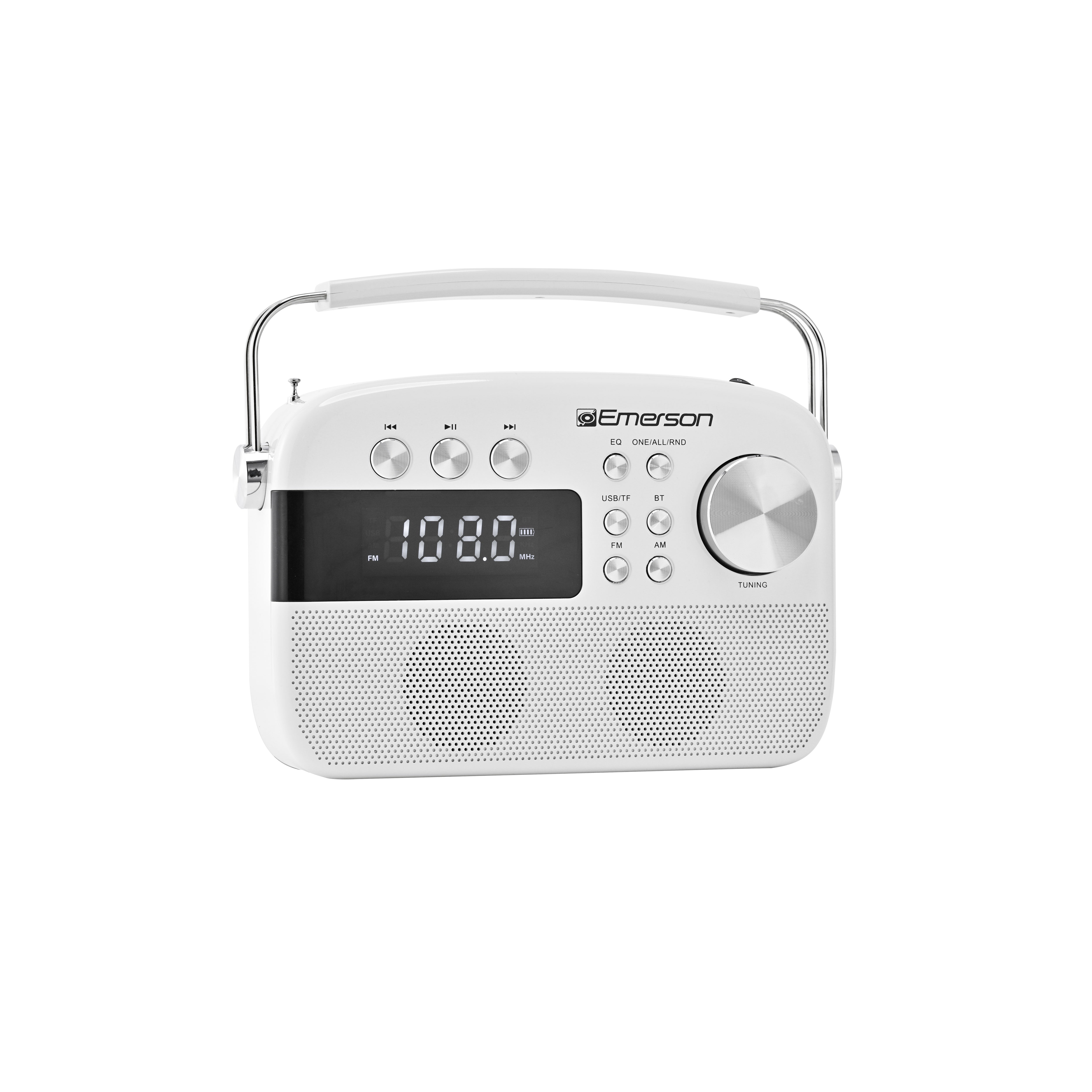 White portable Bluetooth retro radio, alternate front-facing view