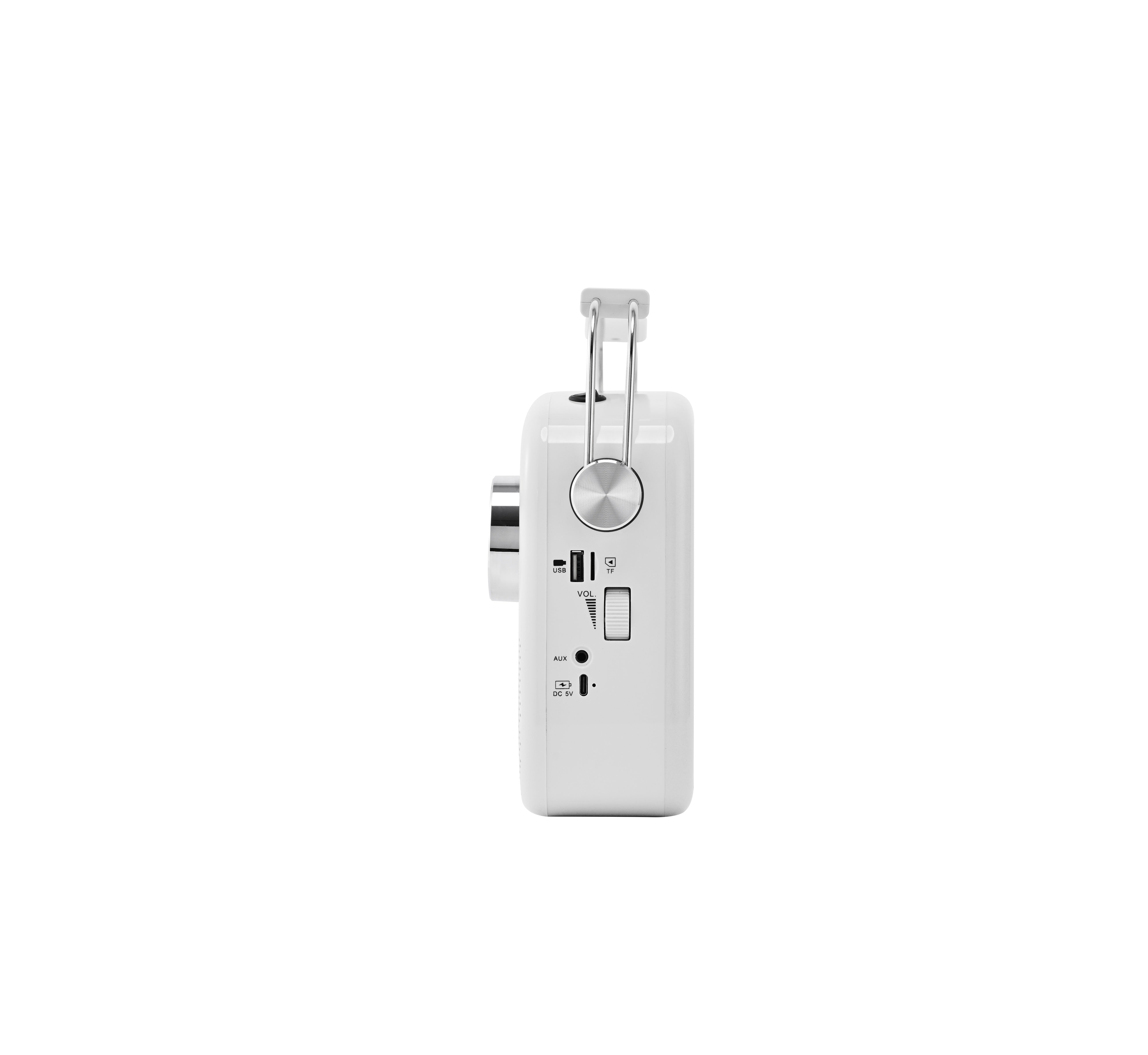 Left side profile of the white EAS-3010 portable radio
