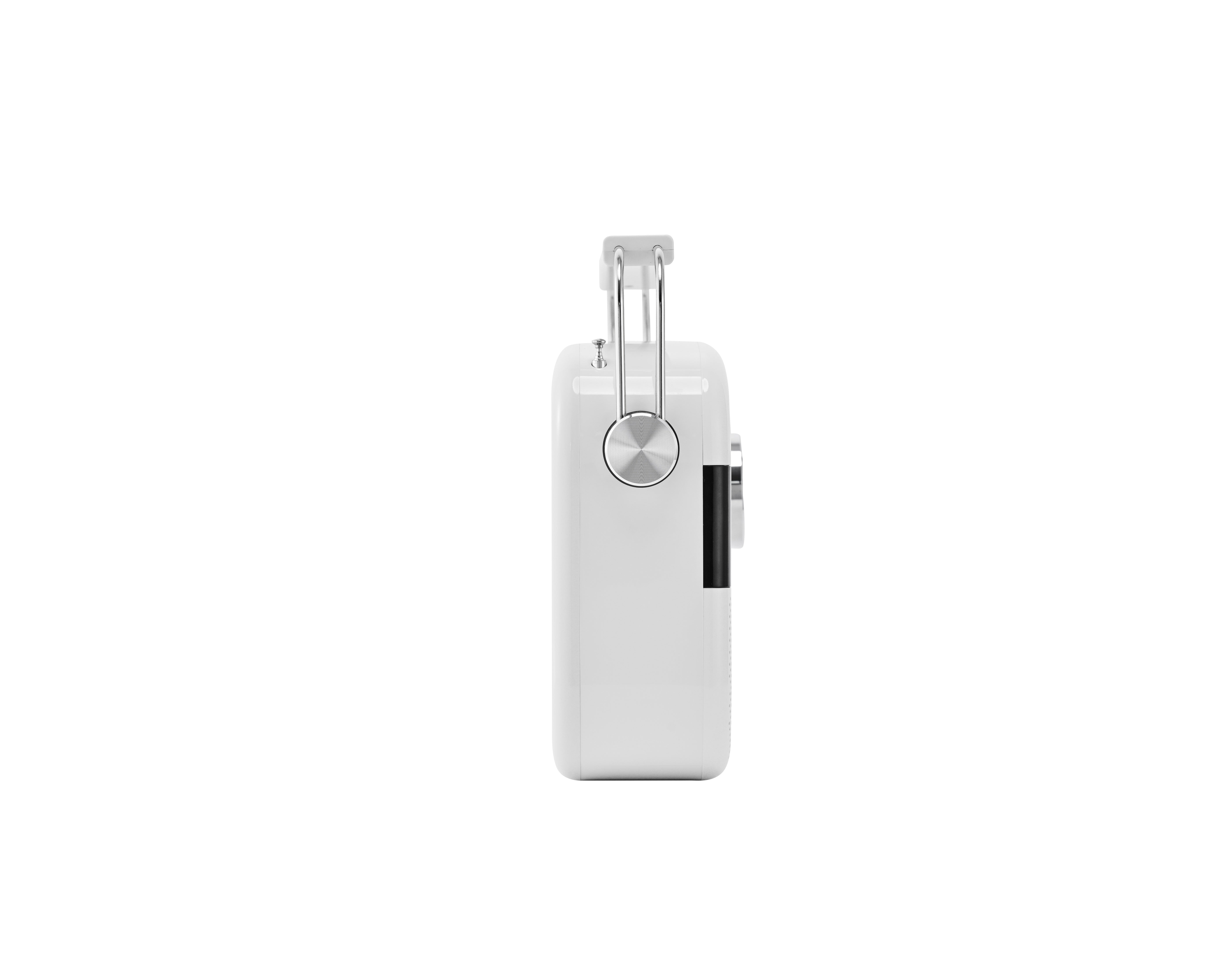 Right side profile of the white portable Bluetooth radio