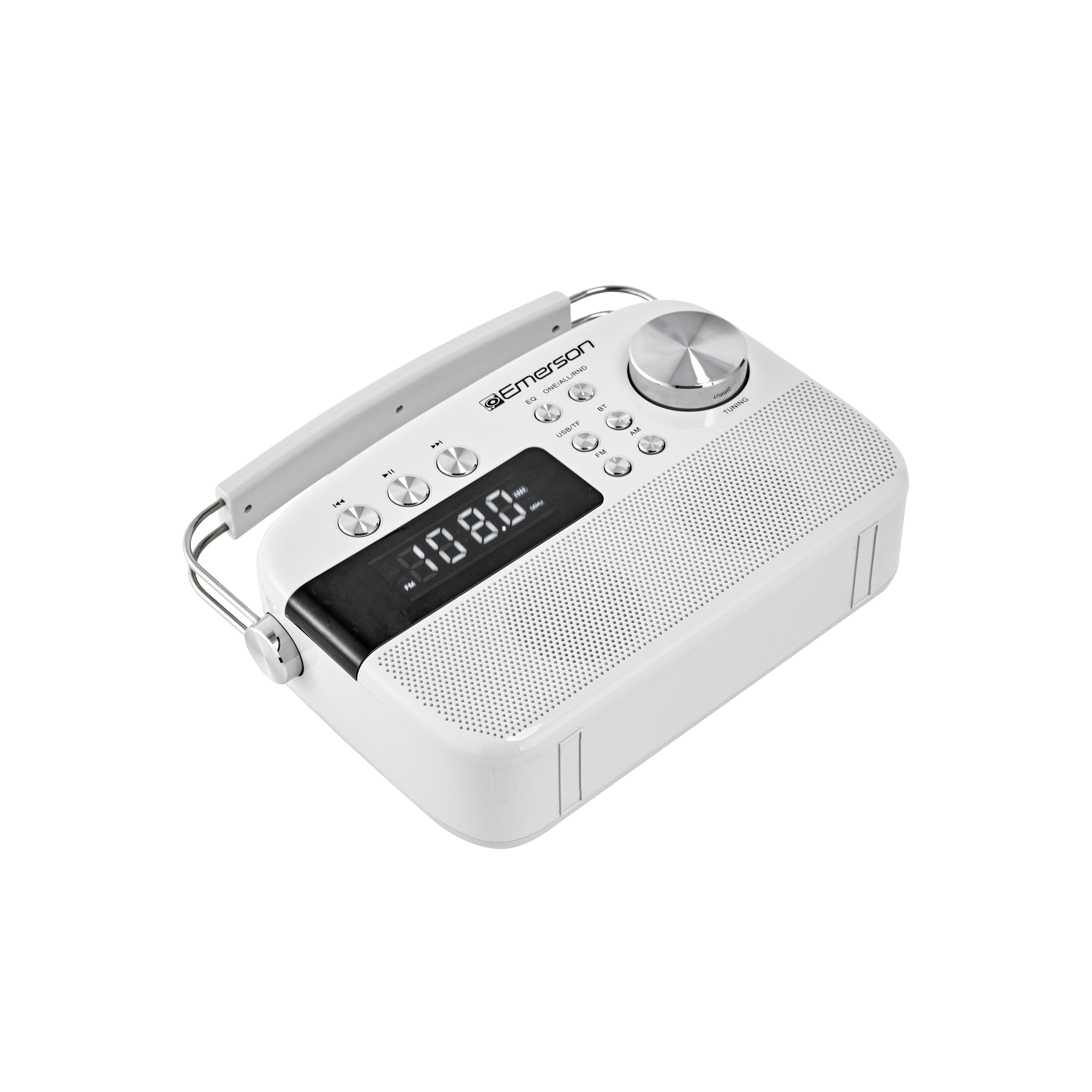 Top-down view of the white portable radio showing the control panel