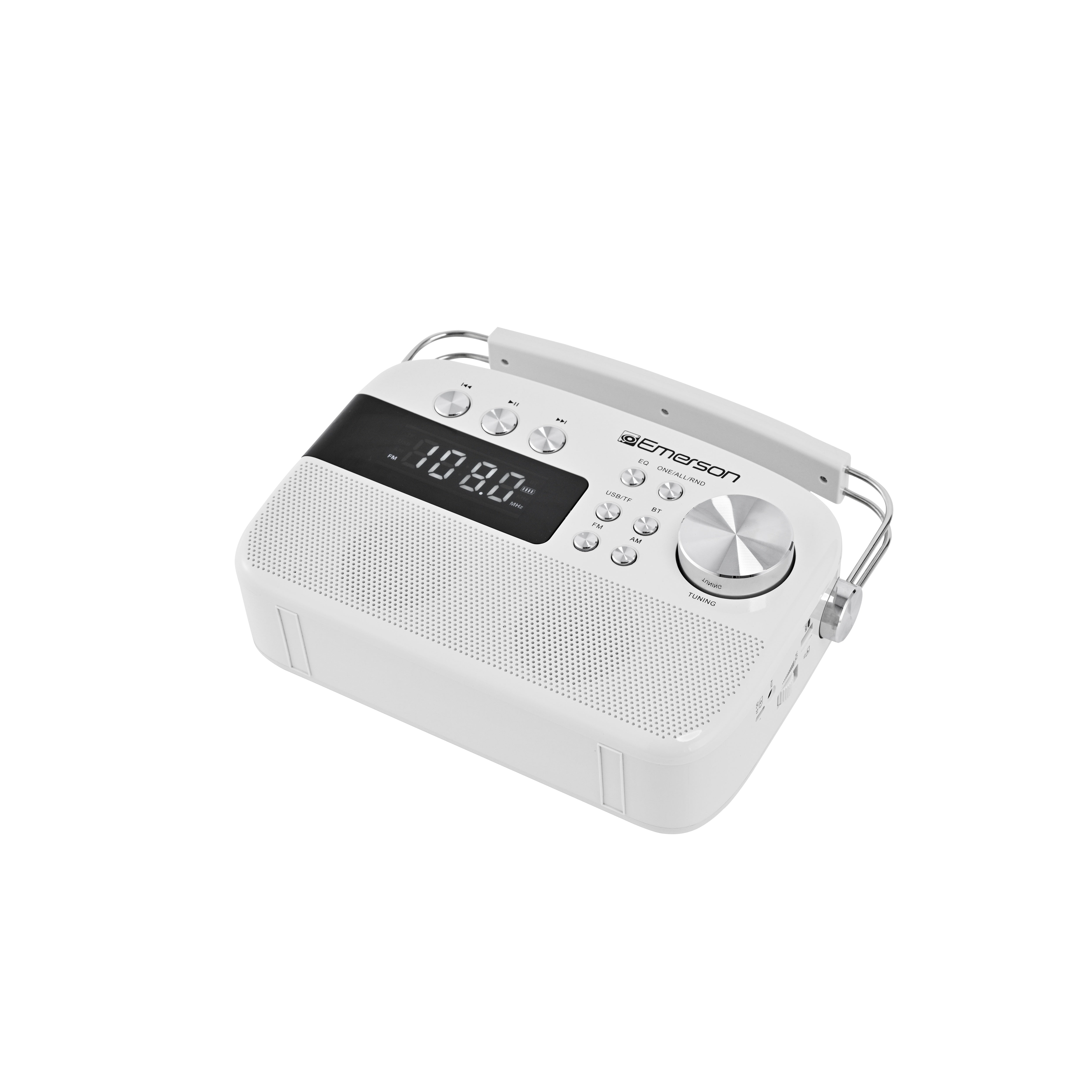 Top angle of the white portable radio showing buttons, dial, and carry handle