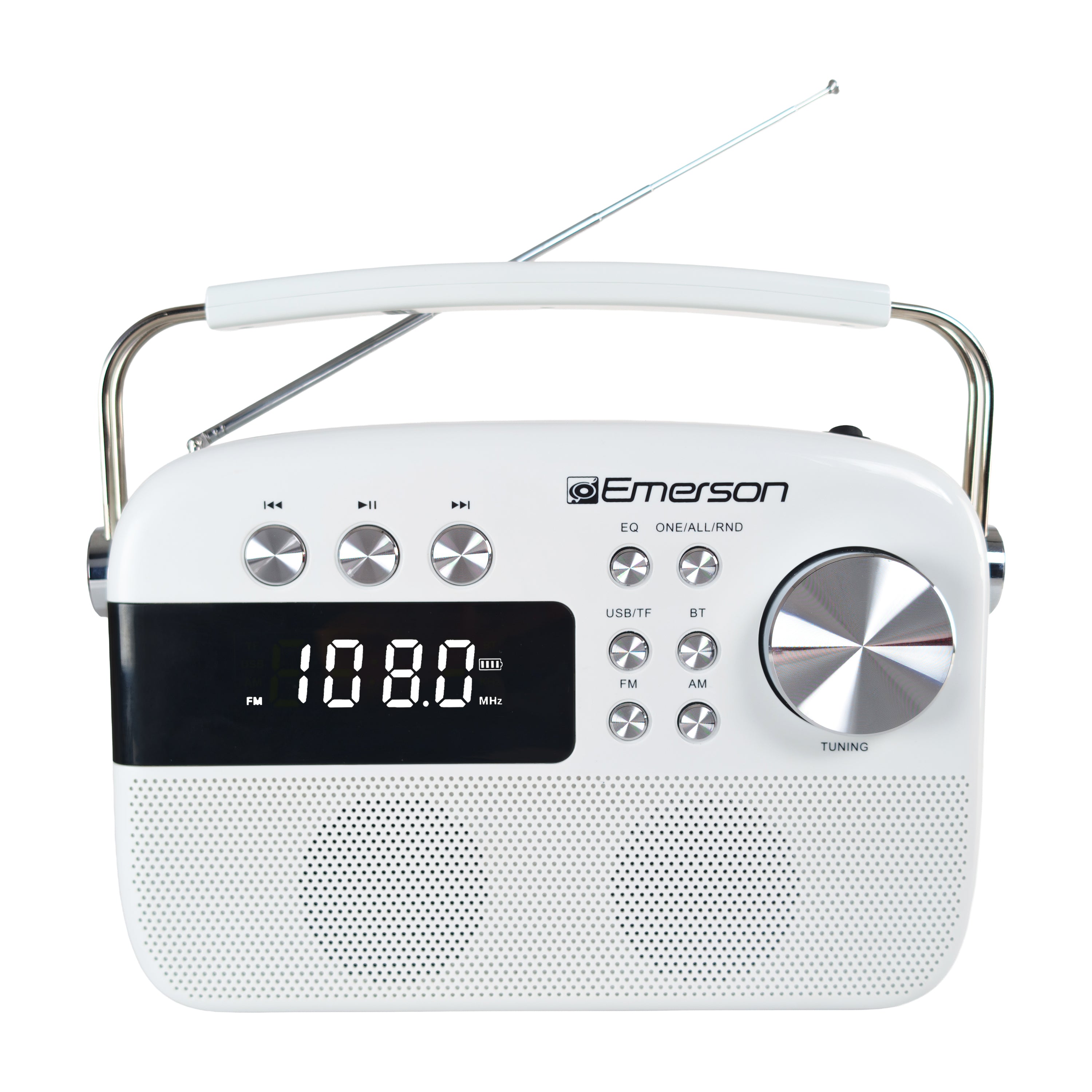 Emerson EAS-3010 portable Bluetooth retro radio in white, front view