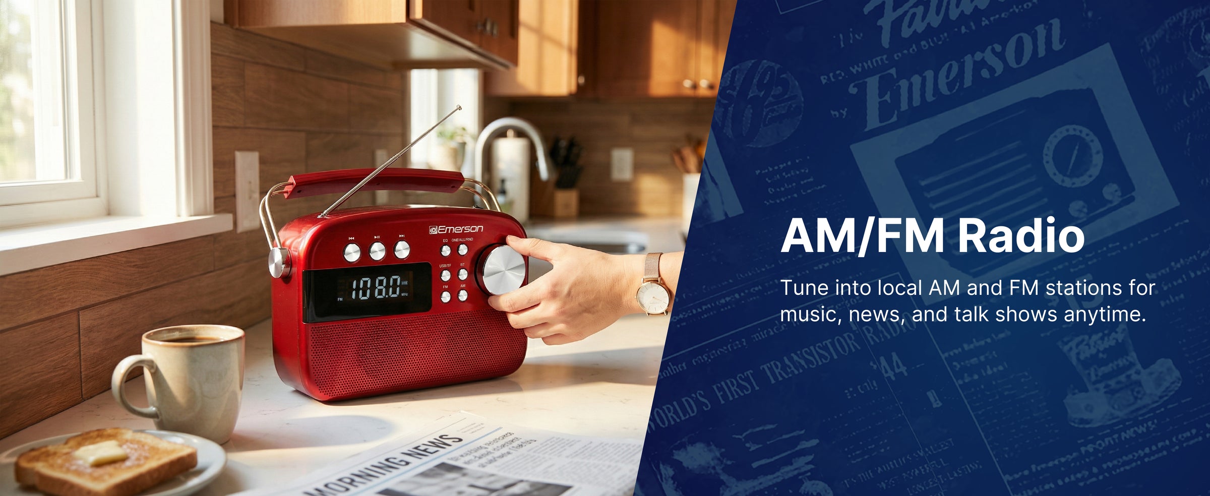 AM/FM radio tuning dial and frequency display on the EAS-3010