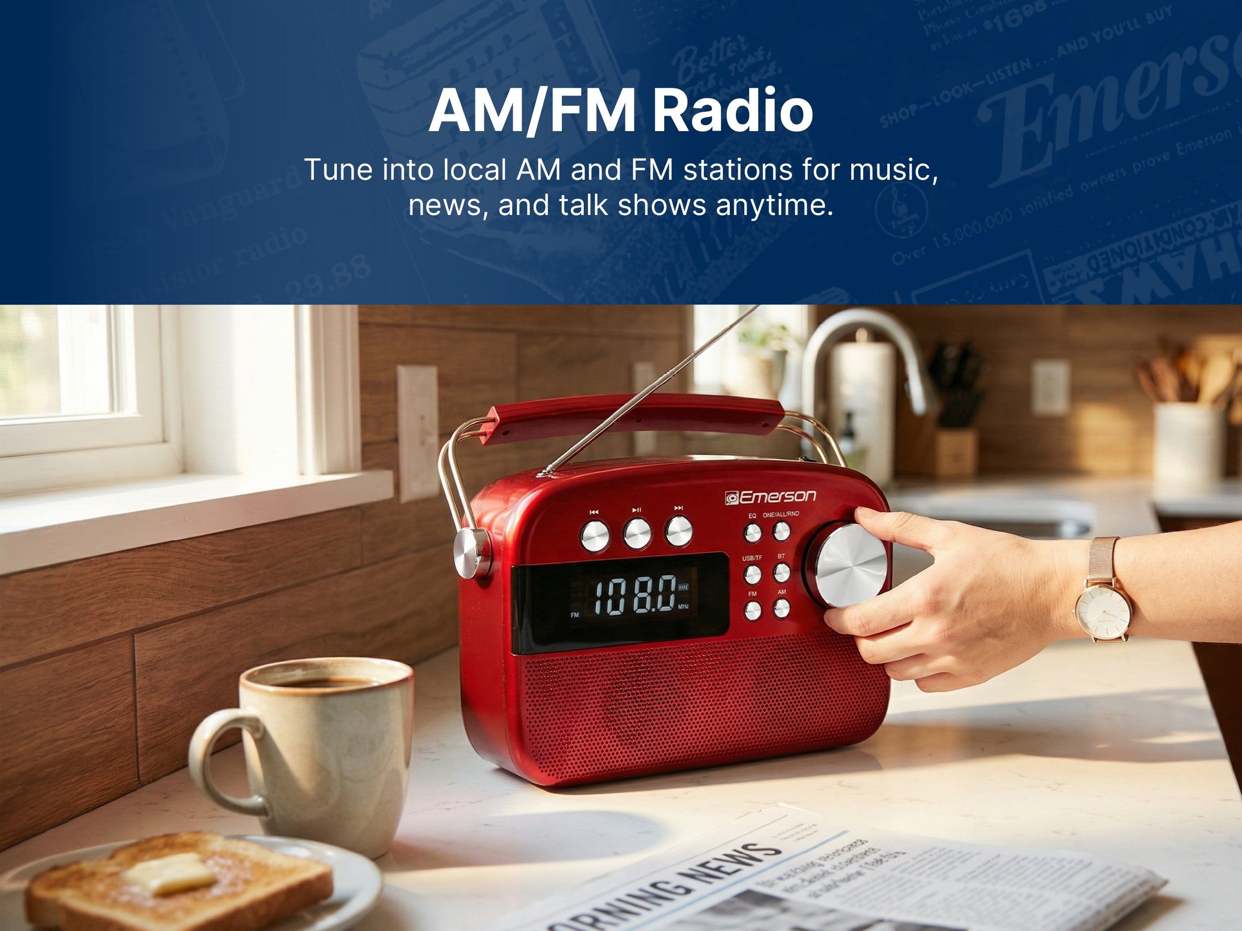 AM/FM radio tuning dial and frequency display on the EAS-3010