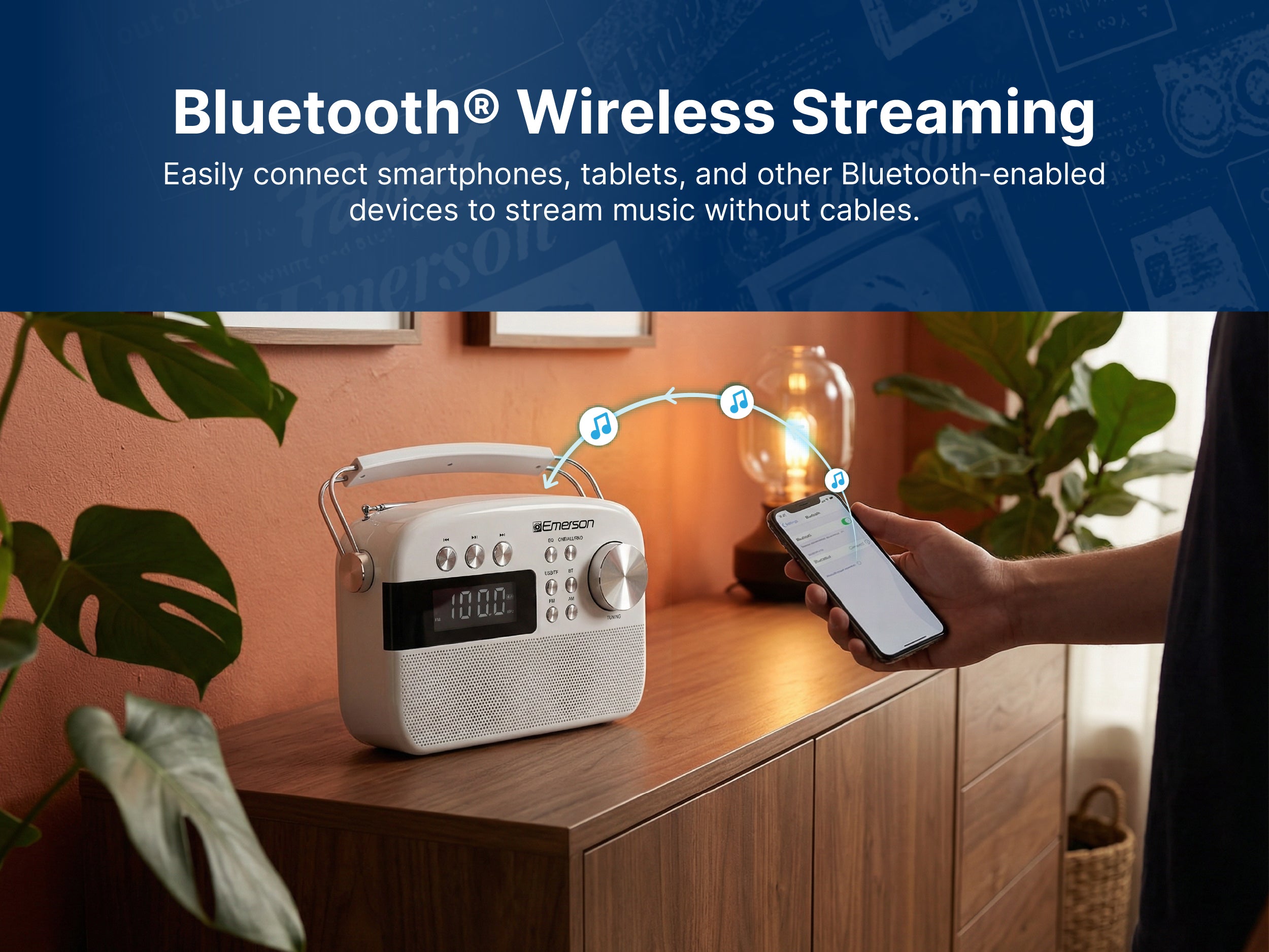 Wirelessly streaming music from a phone to the portable radio over Bluetooth