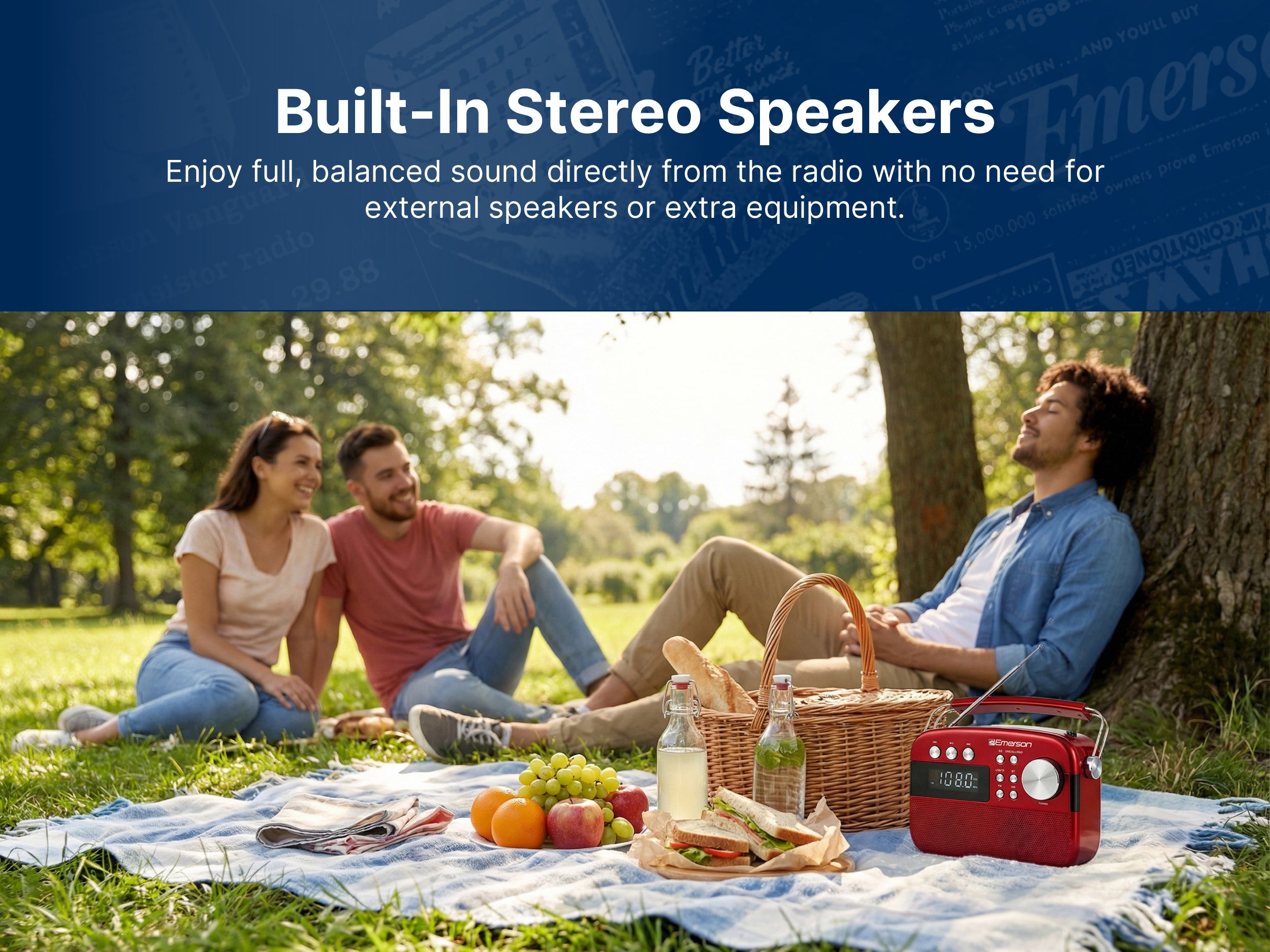 Front-facing built-in stereo speakers on the retro portable radio