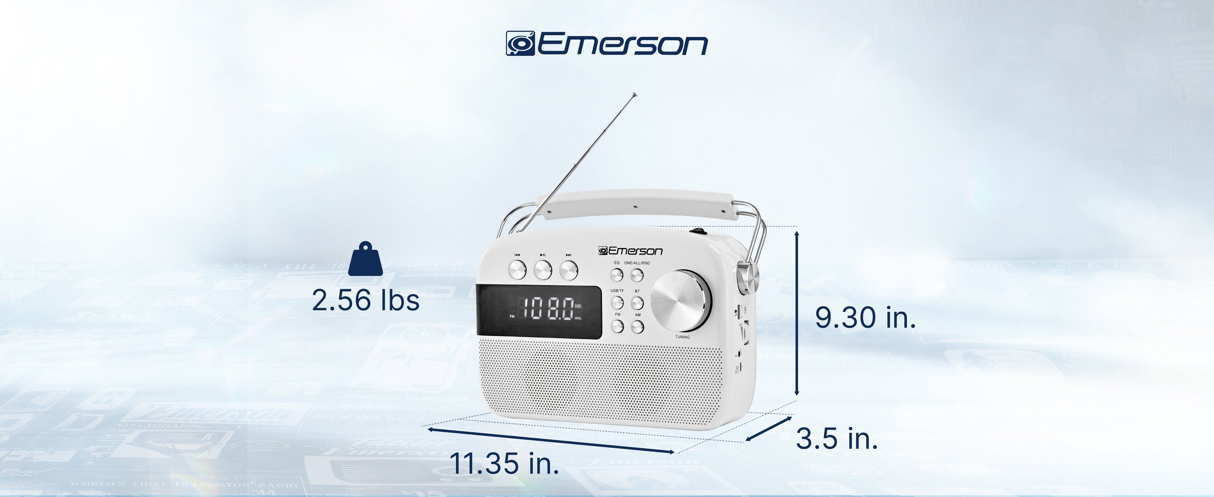 Product dimensions diagram for the Emerson EAS-3010 portable radio