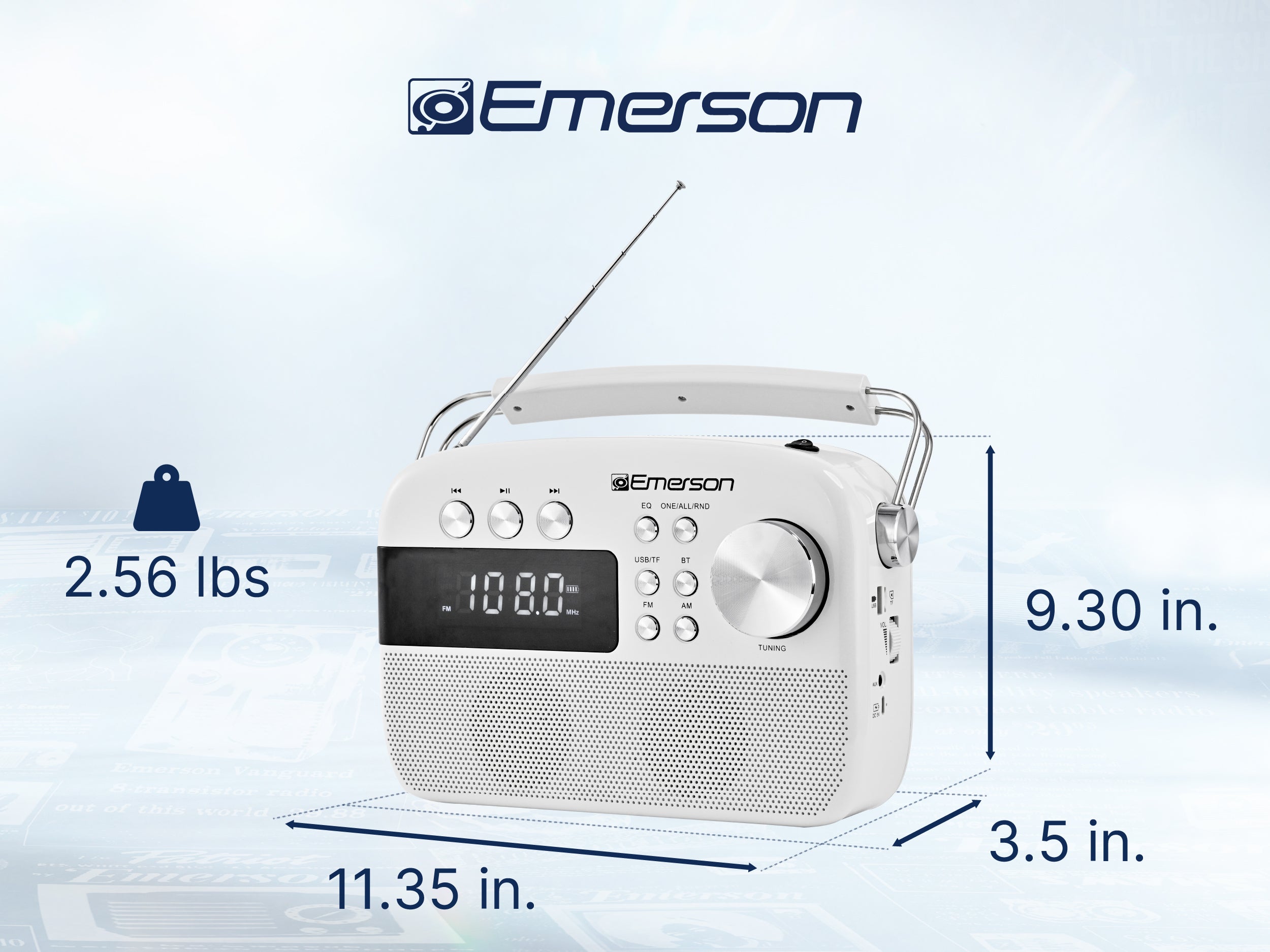 Product dimensions diagram for the Emerson EAS-3010 portable radio