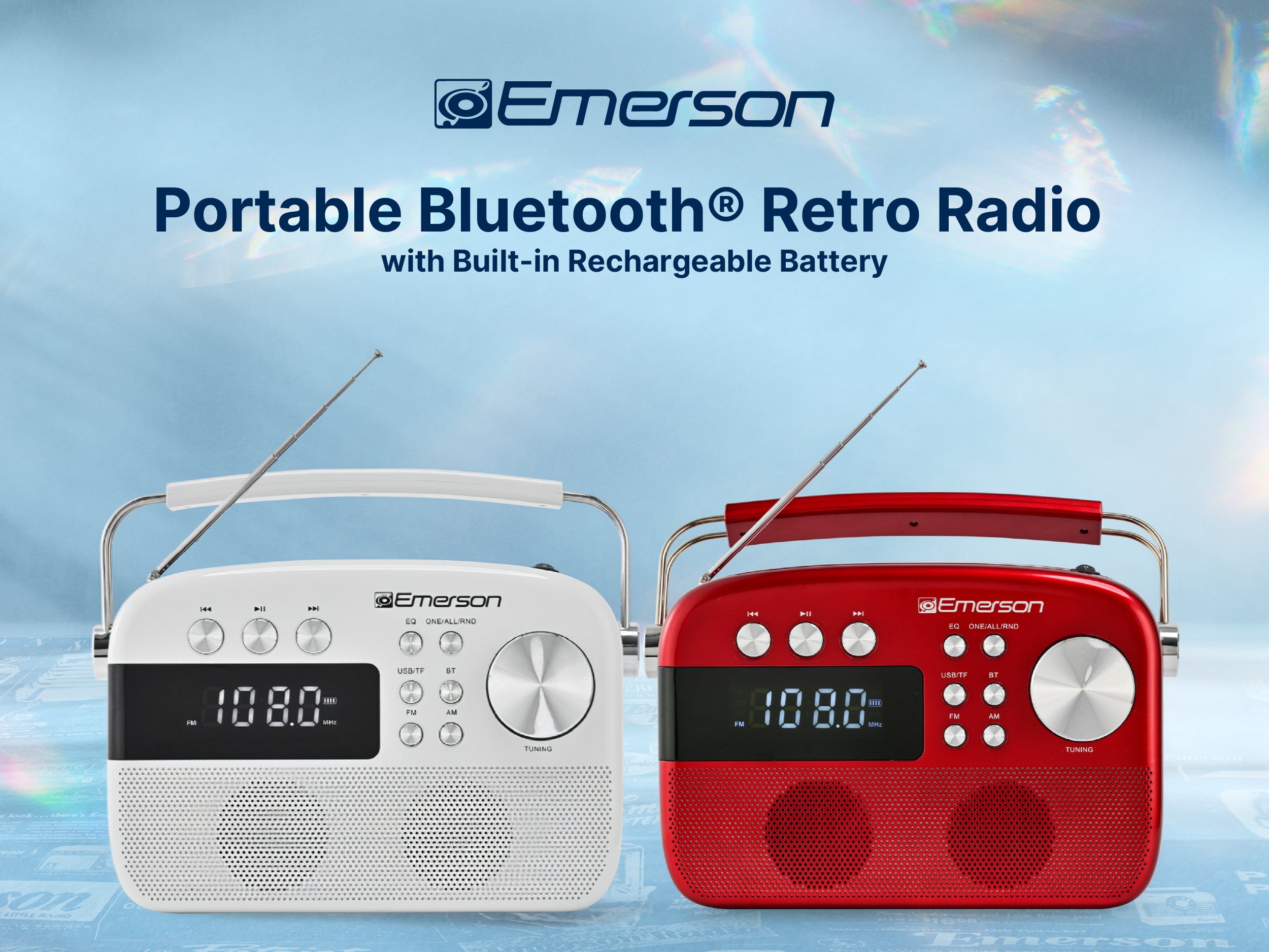 Emerson EAS-3010 portable Bluetooth radio in red and white, lifestyle hero