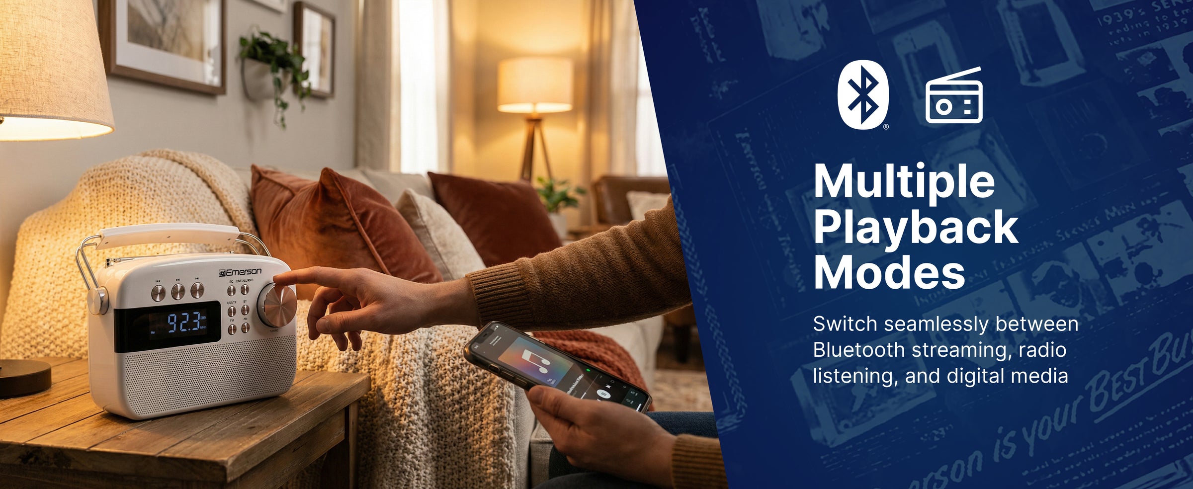 Playback mode icons — Bluetooth, FM, AM, USB, microSD — on the EAS-3010