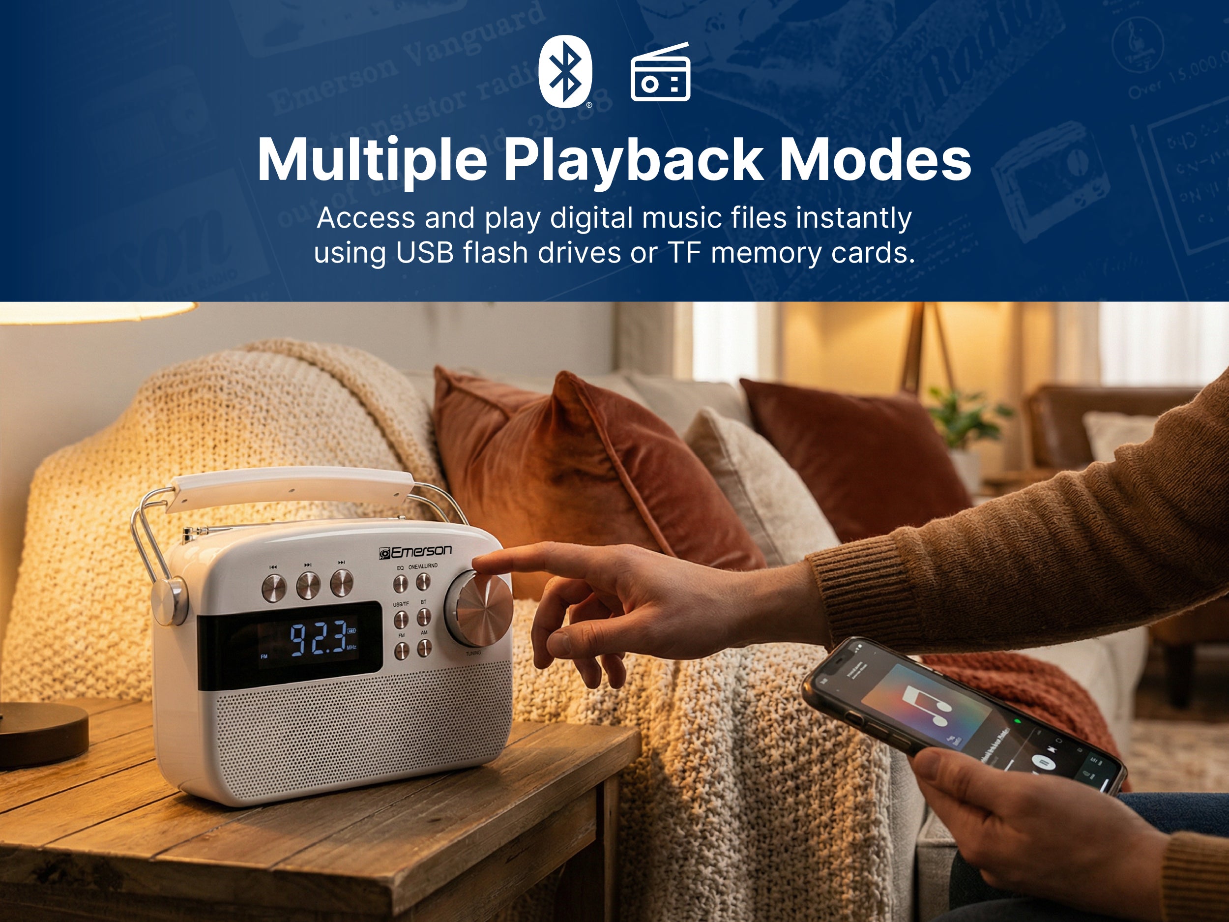 Playback mode icons — Bluetooth, FM, AM, USB, microSD — on the EAS-3010