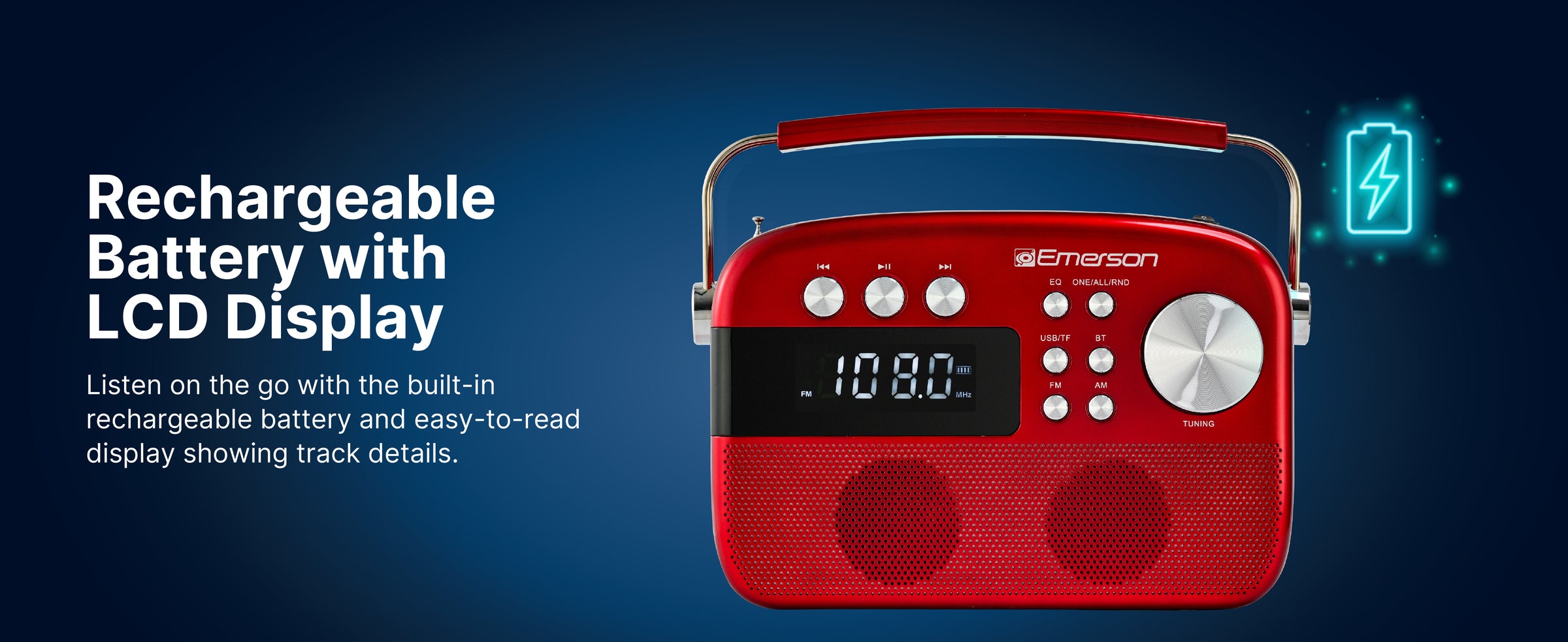 Backlit LCD display and rechargeable battery indicator on the portable radio