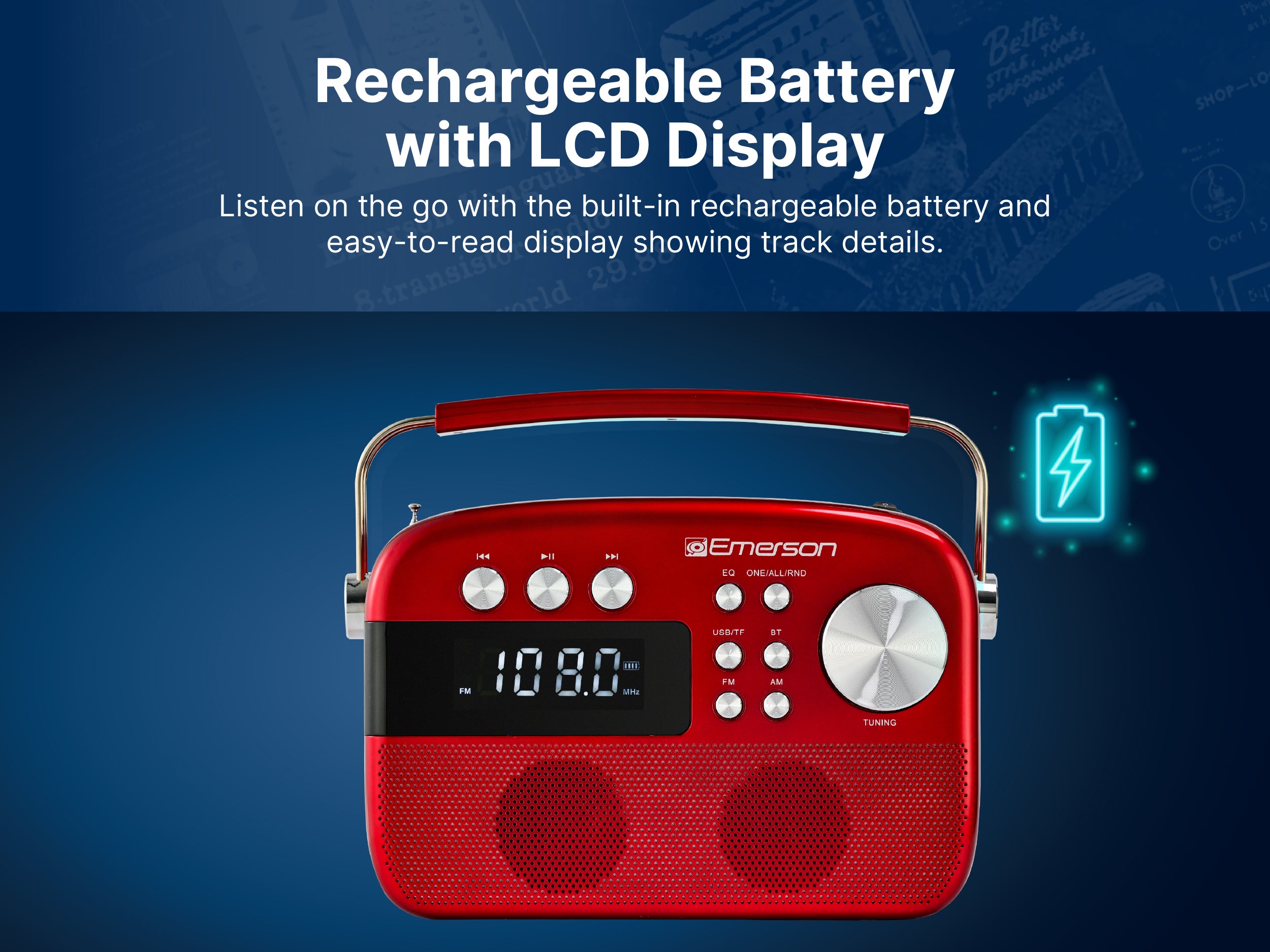 Backlit LCD display and rechargeable battery indicator on the portable radio