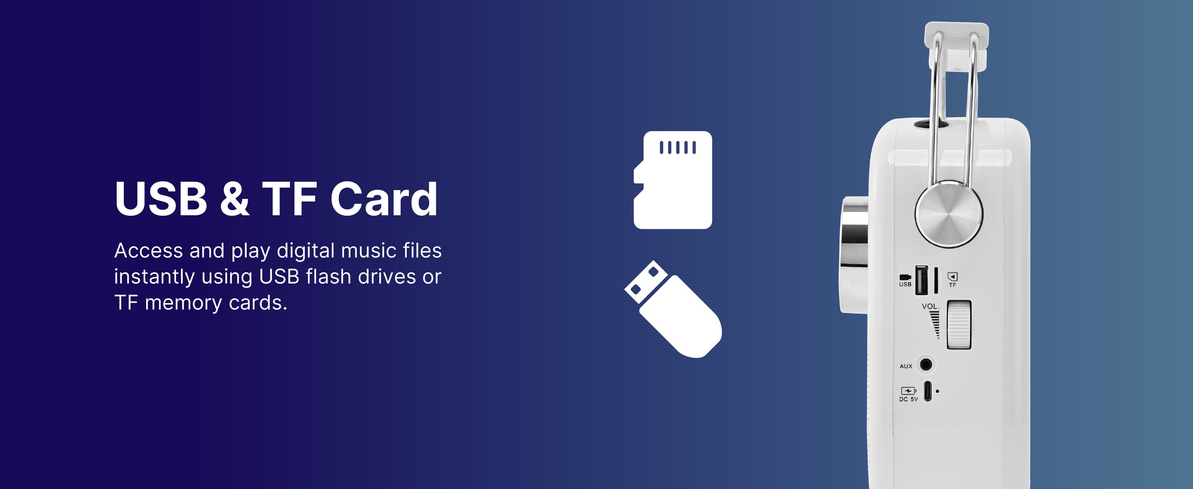 USB port and microSD card slot on the portable radio for direct playback
