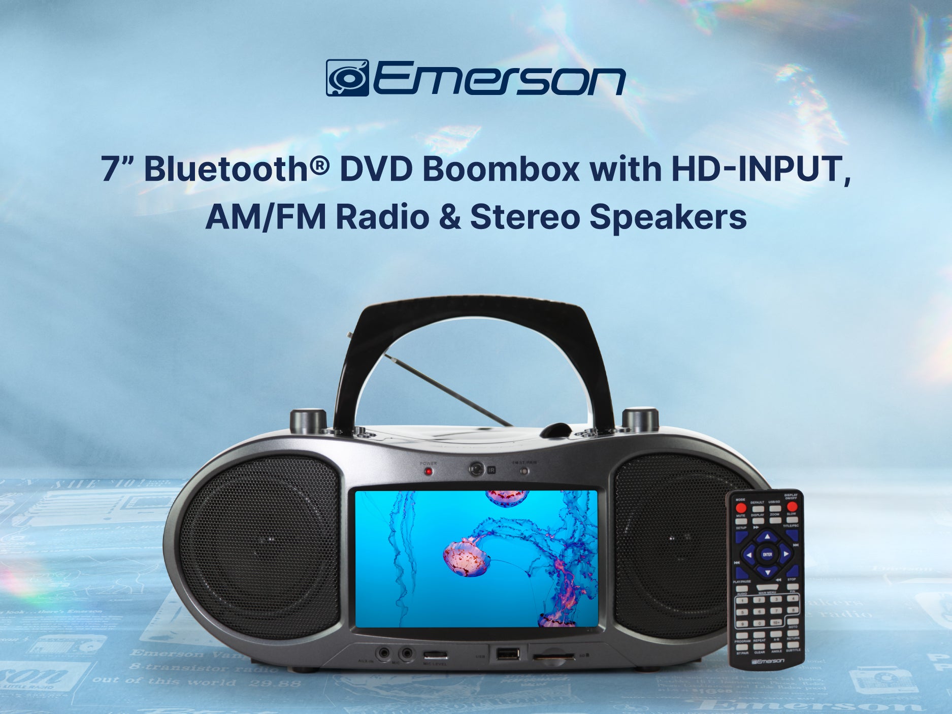 7” Bluetooth® DVD Boombox
with HD-INPUT, AM/FM Radio & Stereo Speakers