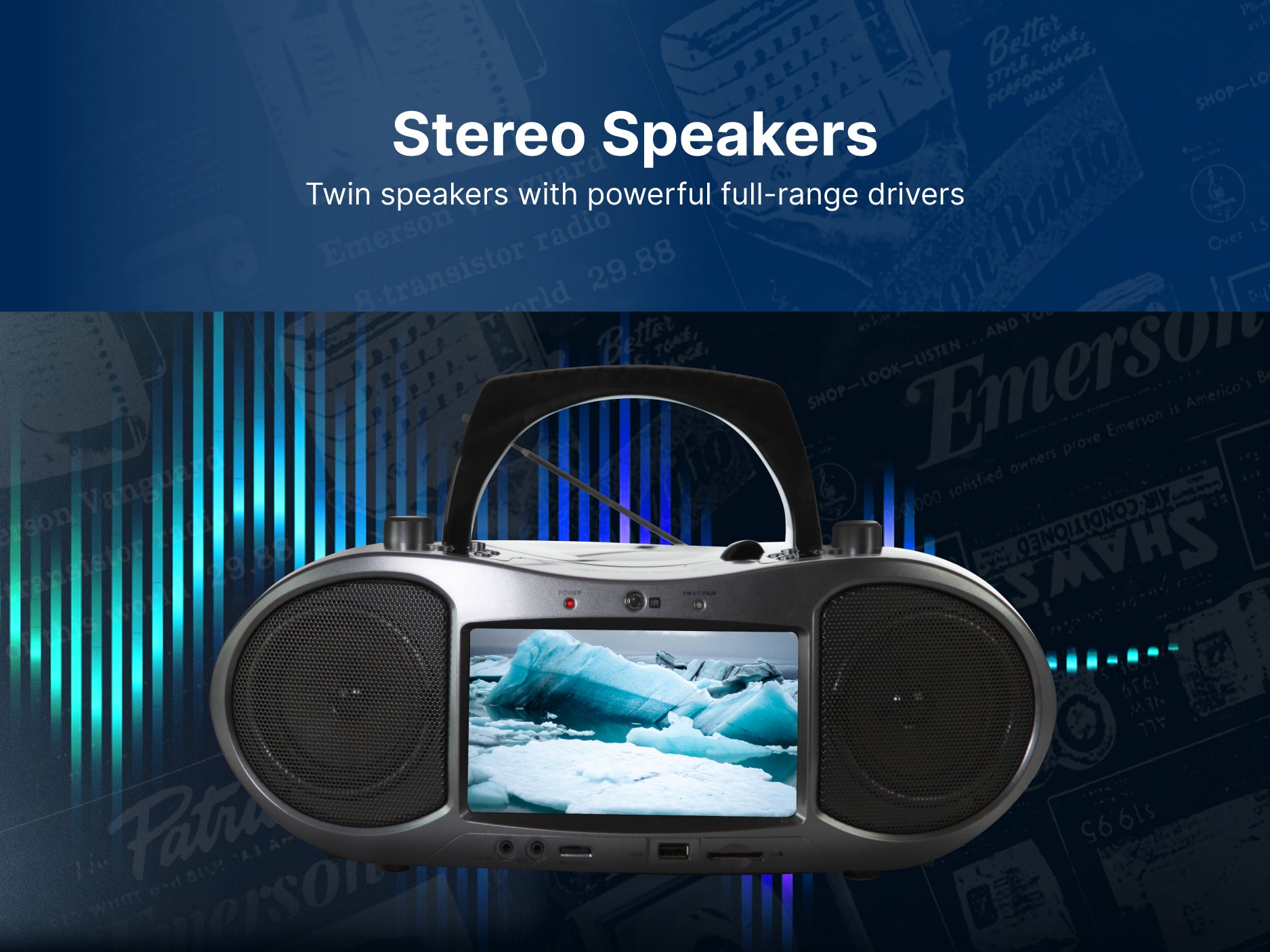 7” Bluetooth® DVD Boombox
with HD-INPUT, AM/FM Radio & Stereo Speakers