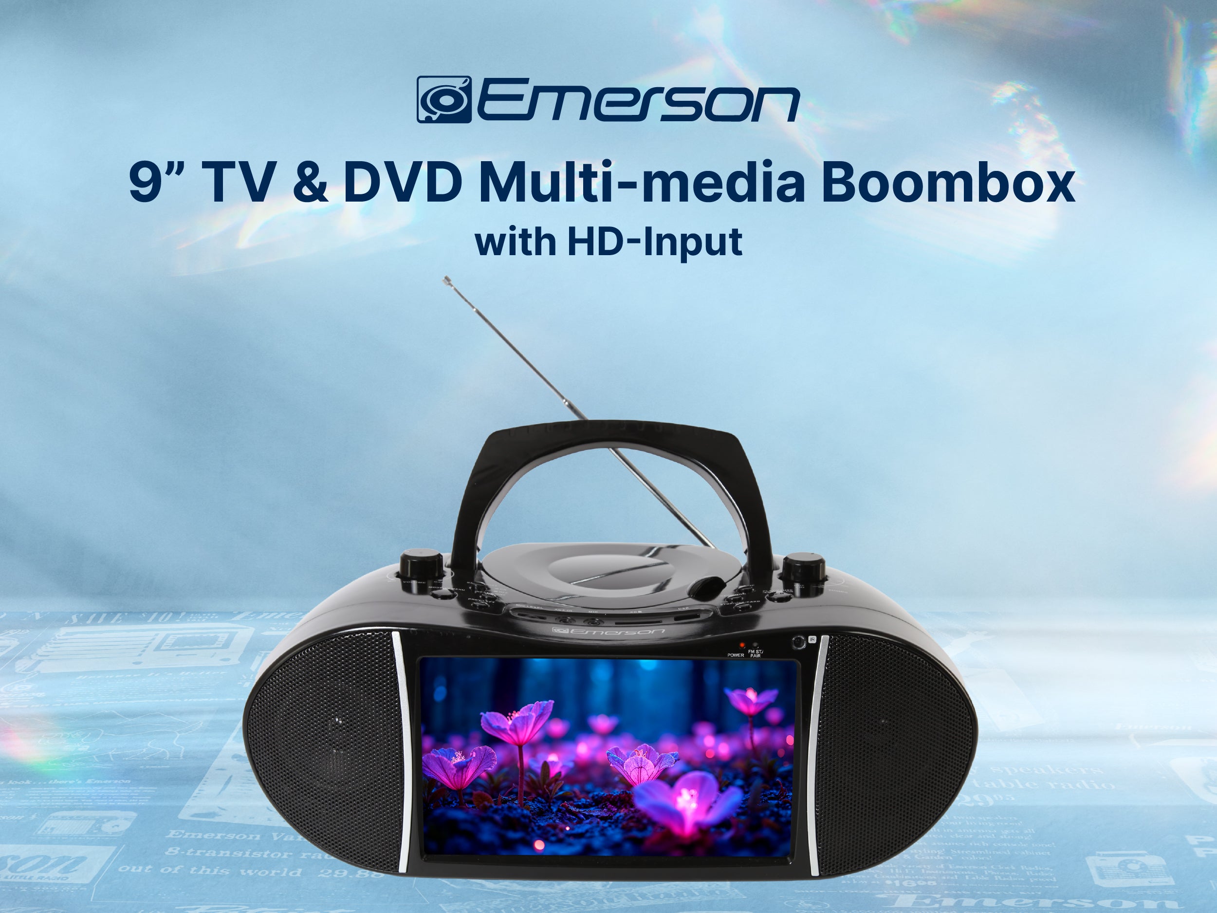 Emerson 9-inch TV & DVD multi-media boombox with HD-input on a blue background