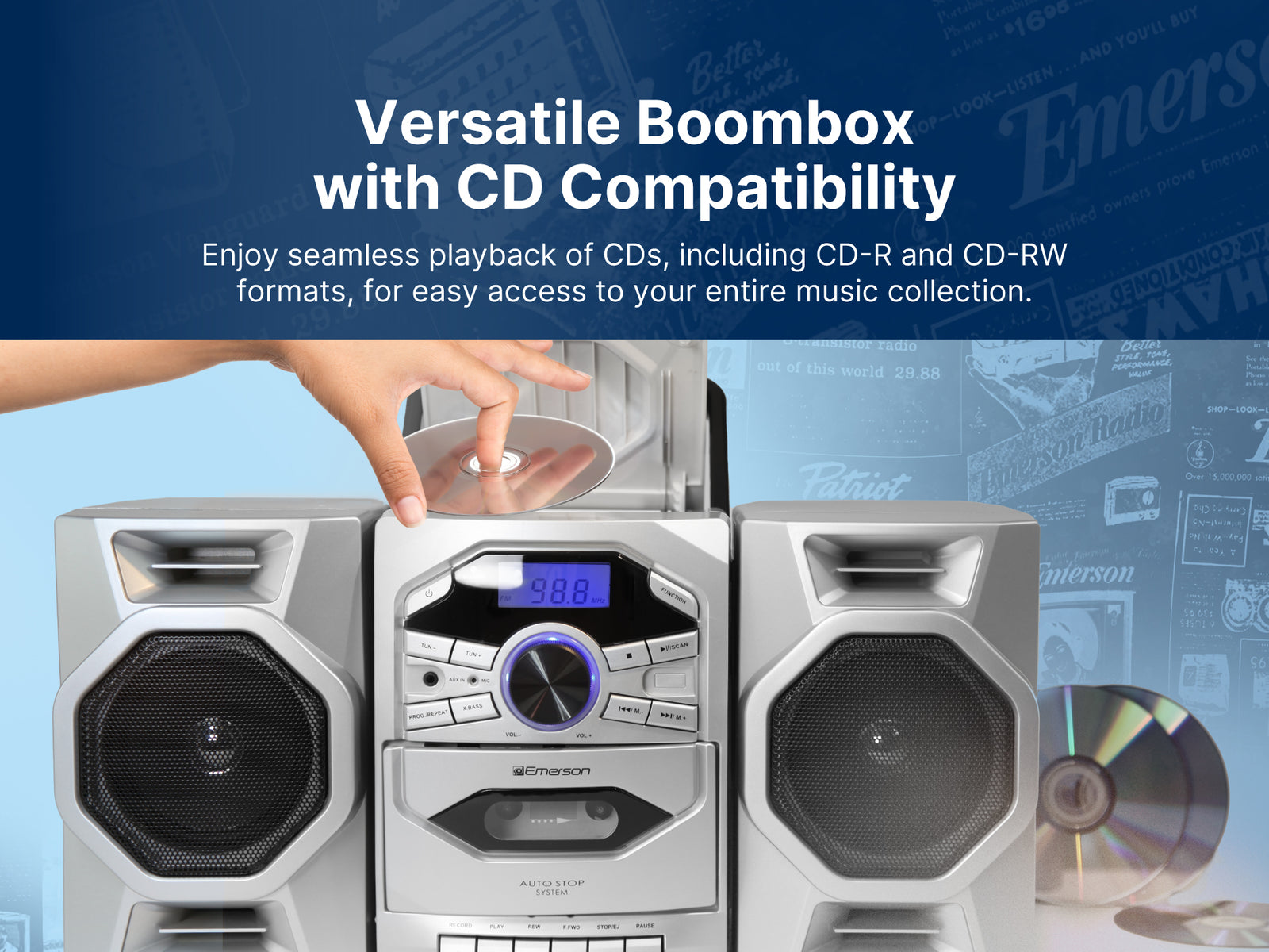 Portable CD & Cassette Stereo Boombox with AM/FM Radio – EMERSONAUDIO