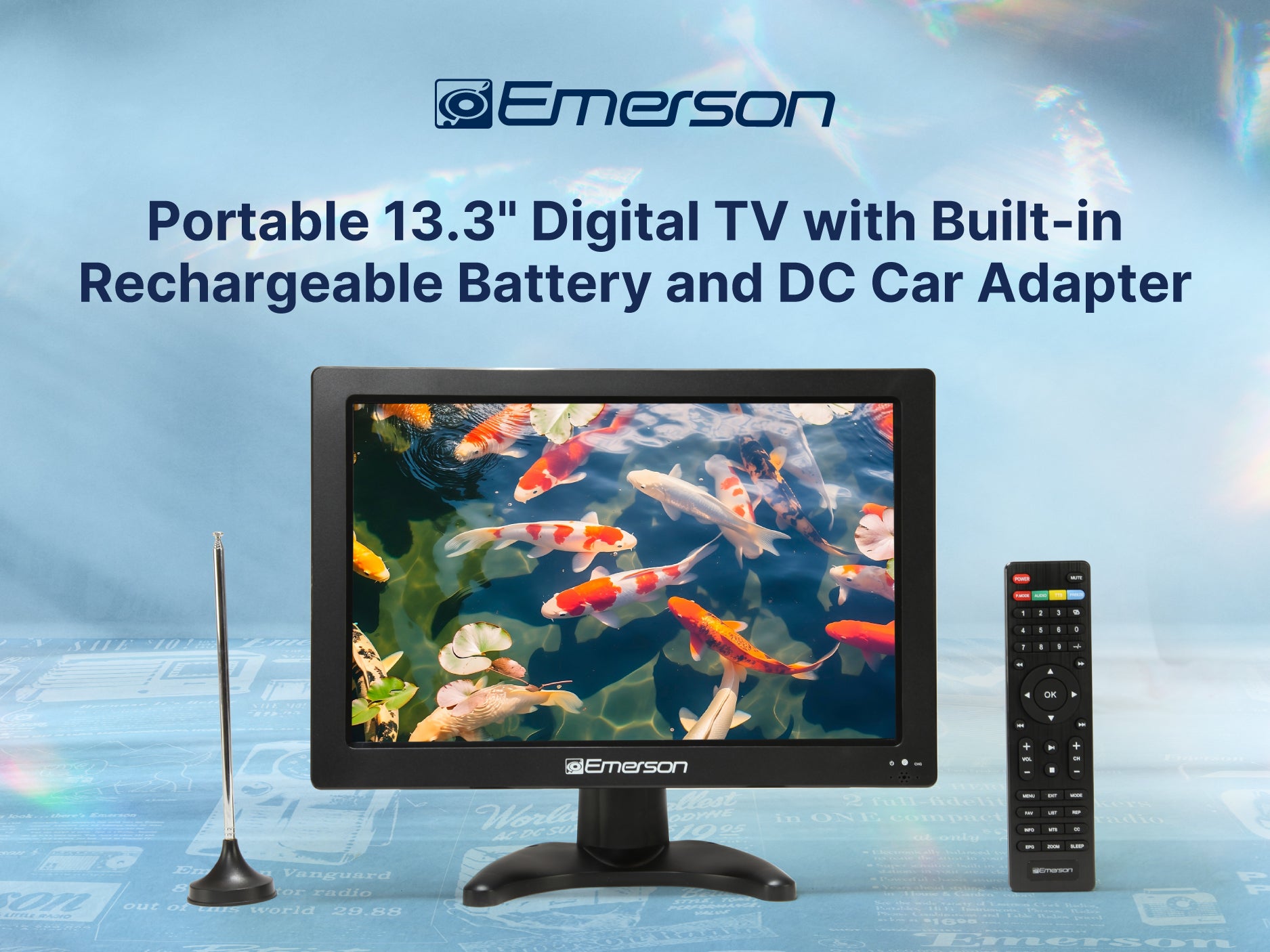Portable 13.3" Digital TV with Built-in Rechargeable Battery and DC Car Adapter